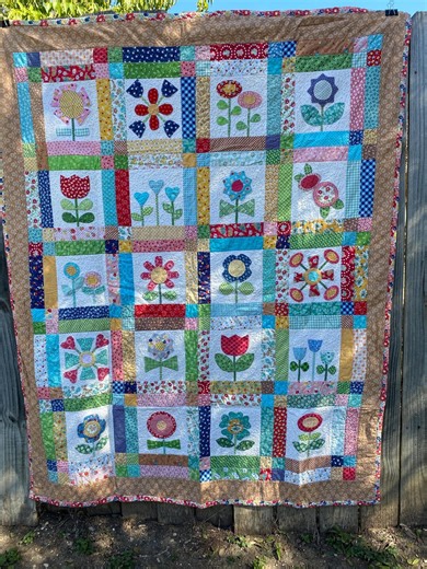 Handmade Floral Appliqué Quilt - Retro Bloom Throw, Cottage Garden Style - Etsy