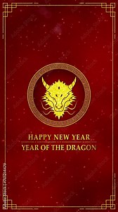 Motion graphic of Golden dragon logo with chinese new year and year of the Dragon 2024 on dark red background and glitter particle in a happy new year concept seamless loop vertical video