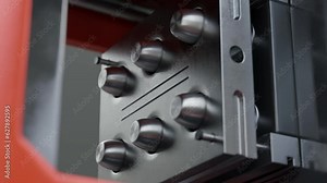 Automated equipment molding the material into plastic bottle caps. Automated molding machine manufacturing the eco-friendly caps. Automated molding of the recycled material into caps.