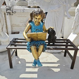[Hot Item] Factory Garden Life Size Metal Kids Statues Copper Brass Bronze Girl and Dog Sculpture Sitting on Bench