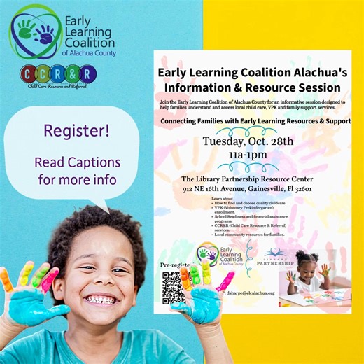 📢 Join Us for an ELC Alachua Information & Resource Session! Want to learn about the services and resources available to support your family? Come to our Information & Resource Session at the Library Partnership Resource Center! 🏫✨ 🗓 Date: Tuesday, October 28 ⏰ Time: 11:00 AM – 1:00 PM Spaces are limited, so pre-register today: https://form.jotform.com/252885915055062 Stay informed, get your questions answered, and connect with ELC Alachua! 💜💛💚 #ELCAlachua #FamilyResources #EarlyLearning #