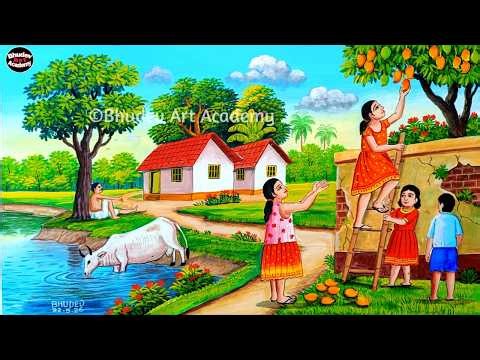 Summer Season Scenery Painting|Beautiful Indian Village Scenery Drawing Tutorial WithEarthwatercolor
