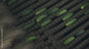 Automatic Line for Processing of Vegetables. Preserving Cucumber. Canned cucumbers. Glass jars with cucumbers and spices.