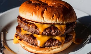 A simple yet indulgent double cheeseburger with two beef patties and melted cheese, served on a soft bun. The burger is placed on a plain white plate, with natural light casting shadows, creating a mi