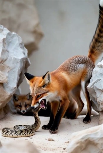 “Mother Fox Stops the Snake — Unbelievable Rock Rescue!”FoxRescue #SnakeAttack