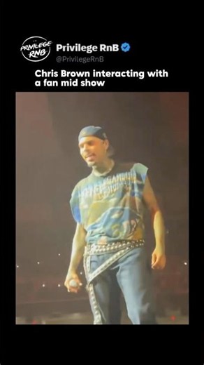 Chris Brown interacting with a fan mid show