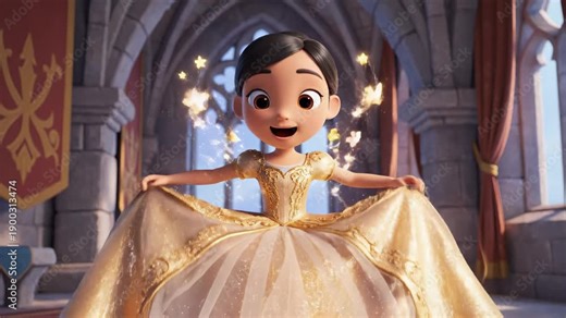3D animated fairy tale princess transformation. Cartoon girl magically changing her dress from blue to golden and smiling. Magic animation