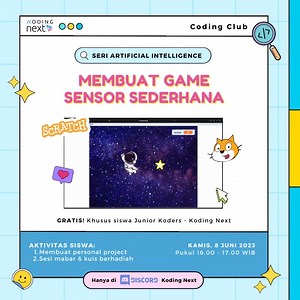 🌟🎉 "Coding Club untuk Junior Koders 8-16 tahun hadir kembali!!" 🎉🌟 🤖 Dengan serial Artificial Intelligence, kami akan mengajakmu dalam petualangan coding yang menarik! Siap-siap, ya! 🗓️ Tanggal: Kamis, 8 Juni 2023 ⏰ Pukul: 16:00 - 17:00 WIB 📍 Channel: Discord Koding Next 🔌 Belum bergabung di Discord? Jangan khawatir! Langsung saja klik link yang ada di bio 🌐 👉 Ayo segera bergabung dan raih kesempatan untuk belajar coding dengan menyenangkan! #CodingClub #JuniorKoders #ArtificialIntelli