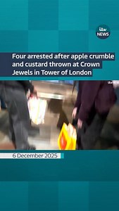 195K views · 14K reactions | Four arrested after crumble and custard thrown at Crown Jewels #itv #itvnews #crownjewels #royal | ITV News | Facebook