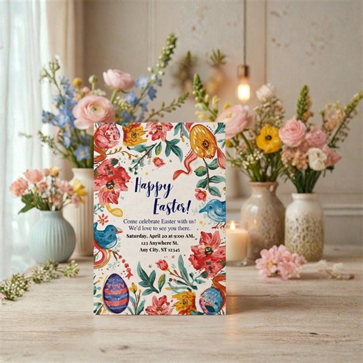 Happy Easter Invitation Template Colorful Watercolor Spring Printable Editable Canva Digital Invite - Etsy