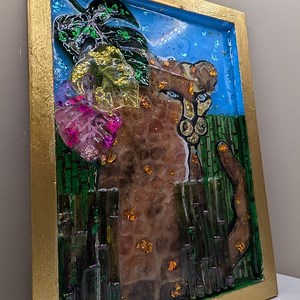 Hand Made Colorful Abstract Animal Art with Gold Frame