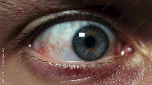 Close-up of a human eye with blue iris and visible blood vessels.