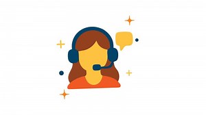 Graphic of a customer service person wearing headphones with a microphone and a speech bubble looping animation