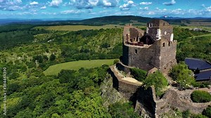 Drone video of castle of Hollókõ, famous landmark and tourist attraction of Hungary, Europe.