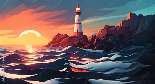 A lighthouse on a rocky coast at sunset. The sky is a gradient of orange, pink, and blue. The water is a deep blue and the rocks are a dark grey. The lighthouse is white with a red roof.