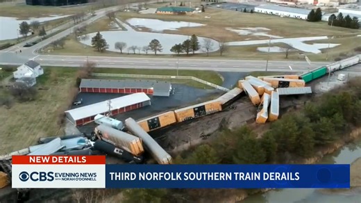 A month after the toxic train derailment in East Palestine, another Norfolk-Southern train derailed in Ohio near Springfield. Authorities say none of the 28 cars that went off the tracks leaked hazardous material. | CBS Evening News