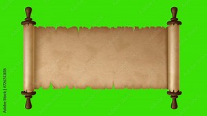 Old Paper Scroll 3d roll 4k parchment animation opens up from left to right with green screen frame on blank space | Vintage paper scroll or parchment animation. green screen for text or Photo
