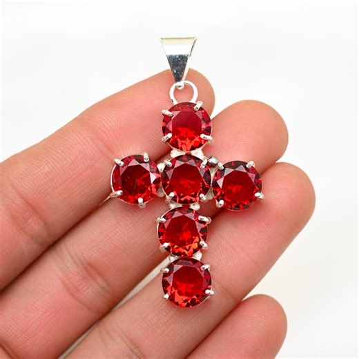 Garnet Cross Pendant, Sterling Silver, Christian Jewelry Gift - Etsy