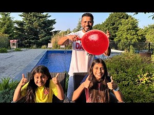 Deema and Sally Play water Balloon challenge with Dad