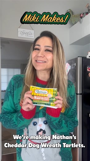 ‘Tis the season…of festive foods! On this week’s episode of “Miki Makes”, the Sudo family got into the holiday spirit with our Cheddar Dogs Wreath Tartlets. And just in case you need an easy, crowd-pleasing dish during the holidays, you can find the recipe link in our bio! | Original Nathan's Franks