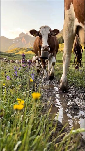 Serene Alpine Evening: Cows Crossing Meadow Path