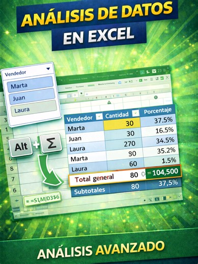 ⚡ Analiza ventas en Excel como experto (Fácil y rápido) En este video aprenderás: ✅ Convertir bases en tablas inteligentes ✅ Usar segmentadores para filtrar datos ✅ Función SUMA y SUBTOTALES ✅ Calcular participación de vendedores automáticamente 📊 Lleva tus reportes a otro nivel #Excel #ExcelTips #ExcelAvanzado #ExcelEmpresarial #aprendeexcel