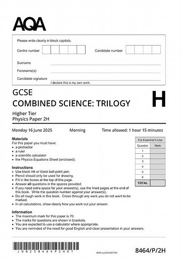 AQA GCSE Combined Science Trilogy Physics 2 Paper 2025