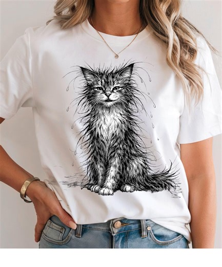 Funny Wet Cat PNG – Grumpy Soaked Kitten for T-shirt, Black and White Cat Line Art, Printable Digital Download - Etsy
