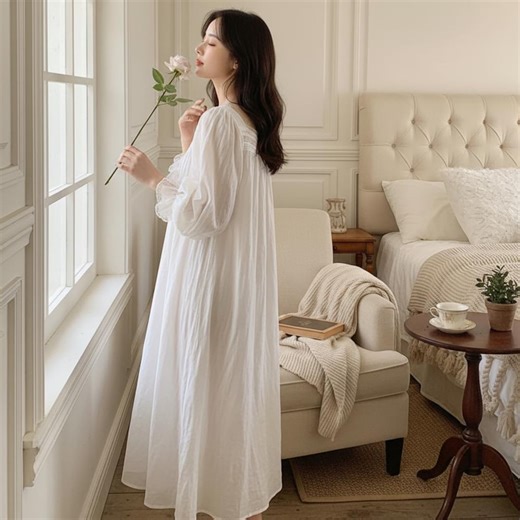 Pure Cotton Lace Vintage Nightgown Square Collar Long Sleeve Mid Calf Sleepwear - Etsy Canada