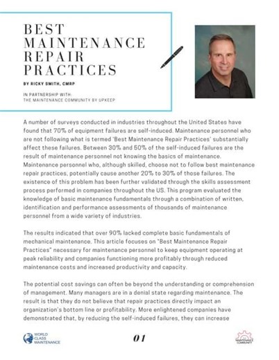 Best Maintenance Repair Practices Article | Ricky Smith CMRP, CMRT, CRL