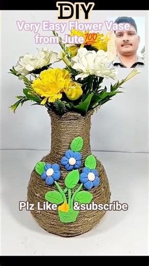 DIY Flower Vase 💯 Jute Craft #diy #craft #flowervase #clayart #shorts #trending