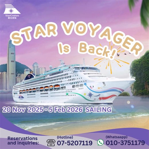 ✨ November 20, 2025 – February 5, 2026 · Southeast Asia Fantasy Cruises ✨ Star Cruises is pleased to announce that Star Voyager will return to Southeast Asia in winter 2025! Departing from dual homeports of Singapore and Kuala Lumpur (Port Klang, Star Voyager will create unforgettable festive sea vacations for you, your family, friends, and your loved ones. Departing from Singapore 📍 November 20, 2025 – December 14, 2026 * 3-Night Penang Charm · Departs every Thursday * 4-Night Phuket Penang · 