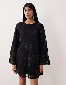 Gina Tricot long wide sleeve sleeve flowy mini dress with open back in black | ASOS