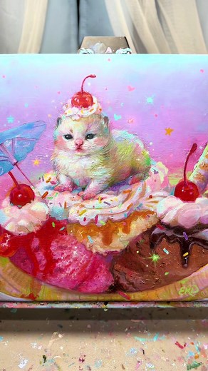 Artistic Cat Oil Painting with Ice Cream