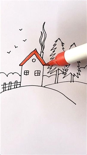 Easy hill scenery drawing step by step with Brush Pen #shorts #ytshorts #drawing #scenery