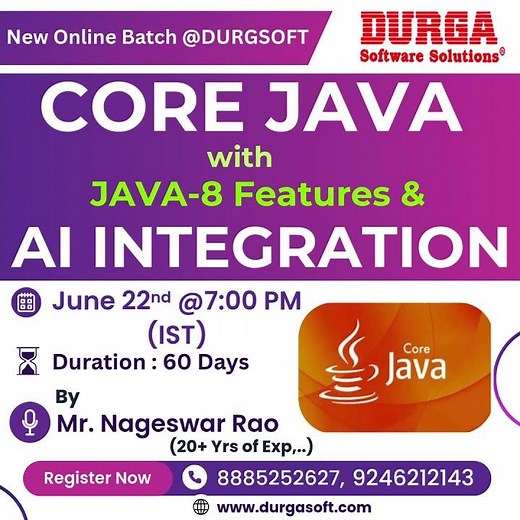 CORE JAVA with JAVA-8 Features & AI Integration Online Training @ DURGASOFT #durgasoftware #shorts
