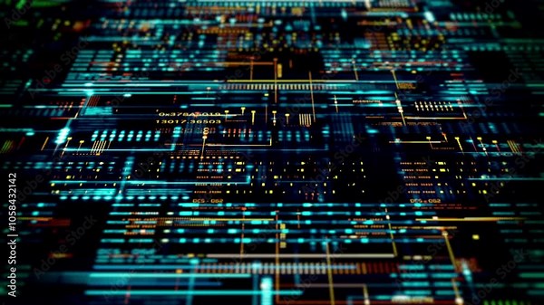 4K Futuristic background with digital data code and HUD elements. Perfect for text titles and horizontal displays.