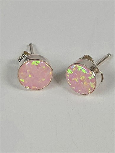 Pink Opal Stud Earrings Sterling Silver Bezel Iridescent Lab Opal Jewelry - Etsy