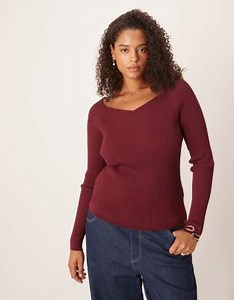 ASOS DESIGN Curve knit structured v neck top in burgundy | ASOS