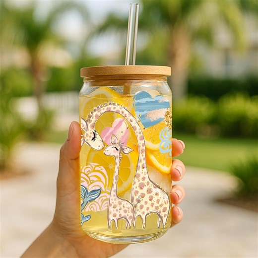 Giraffe Mom and Baby Glass Cup | Cute Safari Animal Gift | Mother's Day Present | New Mom Iced Coffee Glass Can | 16oz Bamboo Lid - Etsy
