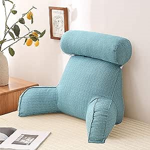 Linen Reading Bed Pillow -29.53”x15.75”x15.75” Reading Pillow Reading Cushion w/ Armrest,Detachable Back Support Cushion,Back Pillows for Sitting in Bed,Head Waist Support for Bed(Sky Blue)