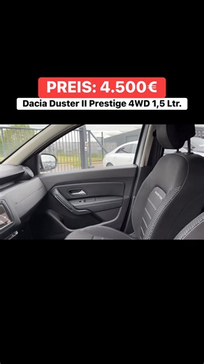 PRIX : 4 500 € Dacia Duster II Prestige 4x4 1,5 L Équipements en option : Climatisation automatique Autres équipements : Airbag passager, airbag passager désactivable, airbag conducteur, antipatinage (ASR), embout d’échappement chromé, allumage automatique des phares avec capteur de luminosité, rétroviseurs extérieurs électriques et chauffants, affichage de la température extérieure, ordinateur de bord, assistance au freinage d’urgence, aide au stationnement arrière, aide à la conduite : contrôl