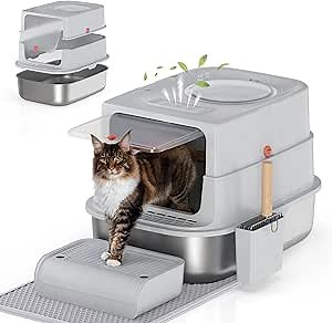Stainless Steel Litter Box with Lid, Extra Large Enclosed Cat Litter Box for Big Cats, Anti-Leakage Metal Kitty Box with High Sided Enclosure, Scoop, Pedal & Non-Slip Mat, Easy to Clean
