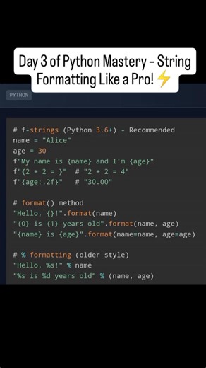 DevlopwithGaurav on Instagram: "Day 3 of my Python journey — mastering string formatting! Learning how to write cleaner, more readable, and professional code using f-strings and other formatting methods. Every day = 1% better. Let’s build strong fundamentals. 💻🔥 . . #Day3 #PythonJourney #PythonProgramming #LearnPython #CodingLife CodeNewbie DeveloperJourney 100DaysOfCode TechSkills ProgrammingDaily FutureDeveloper PythonBasics SoftwareDevelopment"