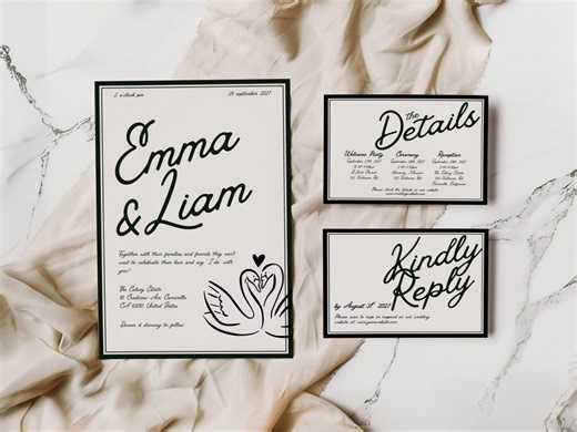 Hand Script Wedding Invite Set, Vintage Swan Design, Editable Canva Templates, DL3 - Etsy UK