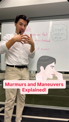 Jacob Portnoff on Instagram: "Murmurs & Maneuvers Explained 變️ Rule: any maneuver that increases the venous return/preload ➡️ increases the intensity of the murmur EXCEPT for HOCM & MVP! Save this from my USMLE Step 1 Bundle! #medschool #medstudent #medicalschool #medicalstudent #usmle #usmlestep1 #usmlestep2 #cardiology #cardio"