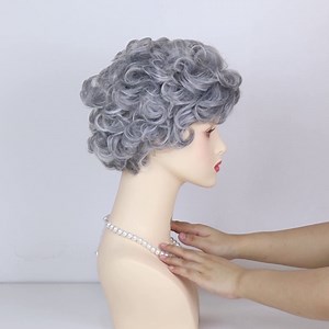 GNIMEGIL Old Lady Wigs Short Dark Grey Wig With Bangs Grandma Halloween Costume Granny Curly Wigs for Women