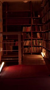 Night library with flashing lights. Stock footage. Corridor with bookshelves in night library. Flashing lights in aisle between bookshelves of night library
