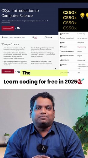 🚀 Want to learn coding from scratch in 2025? This is THE course you shouldn’t miss! 🎓 👨‍💻 Harvard’s CS50 is the best free coding course available online. Whether you're a beginner or switching careers, this course helps you understand: ✅ Programming logic ✅ C & Python languages ✅ Web development fundamentals ✅ How software & computers actually work If you’ve ever wanted to become a software developer, understand tech deeply, or start your coding journey, THIS is your golden ticket! 🎟️💻 💬