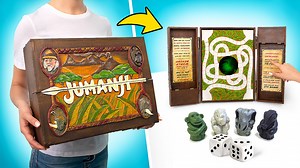 Jumanji Cardboard Game In REAL LIFE! Hi, guys! Today Sam and Sue will make a craft inspired by one of Sue’s favorite movies! Jumanji! By the way, did you watch it? We'll make a classic Jumanji board game in the box. So, the base of our craft is cardboard. We will paint the cardboard parts and decorate them with acrylic paints. To do this, we will need a lot of imagination! We'll try to make the Jumanji board look like it's made from wood. Using hot glue, we assemble the body of our game. When th